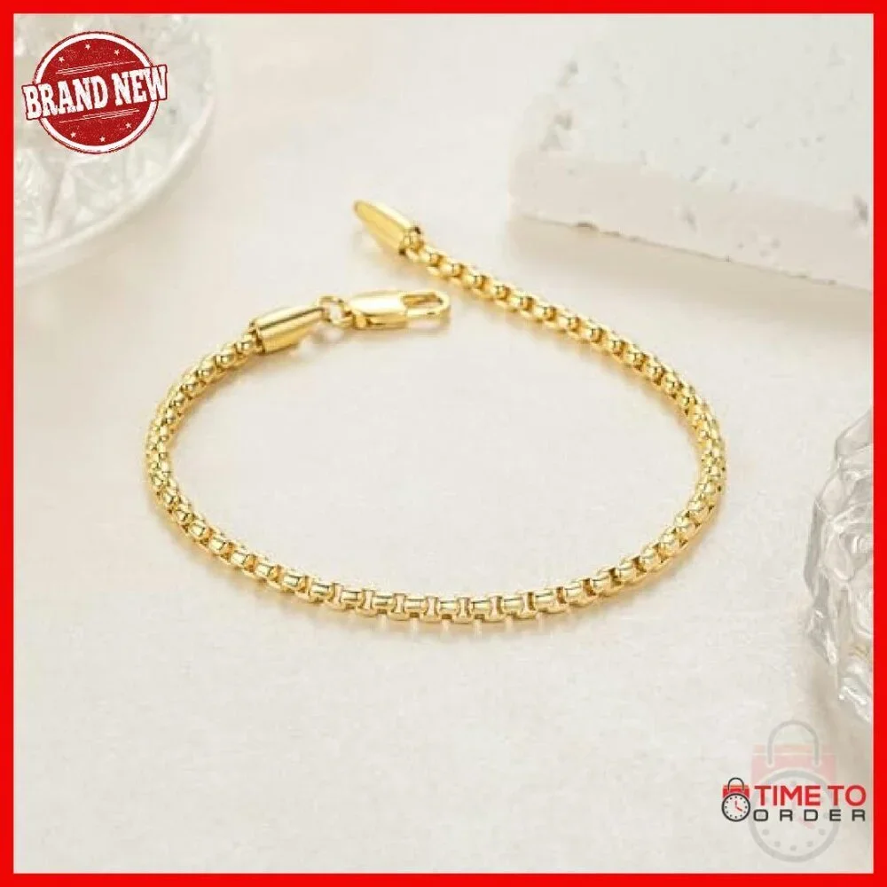 14K Gold Box Chain Bracelet 8 Inches Hypoallergenic Lobster Clasp